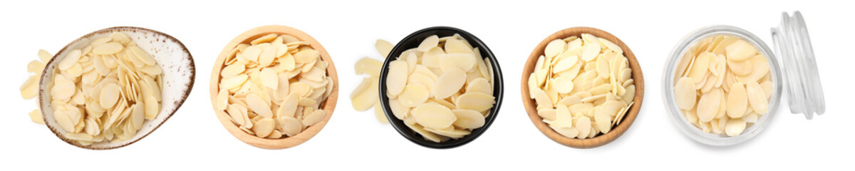 Almond slices in bowls isolated on white, set. Top view