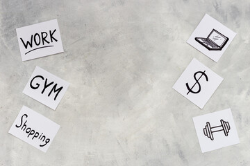 Life balance concept. Many paper cards with hand drawing of different life activities