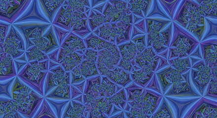 Intricate Blue and Purple Fractal Pattern with Repeating Star and Swirl Motifs