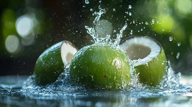 Refreshing splash of water on fresh green coconuts, ideal for tropical drinks, summer promotions, or healthy lifestyle campaigns, capturing a vibrant, juicy vibe