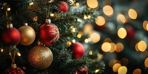 Obraz premium A beautifully decorated Christmas tree with red and gold ornaments, surrounded by twinkling lights, against a blurred background of golden lights.