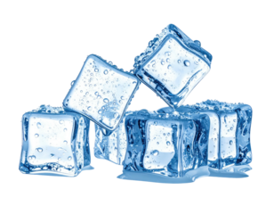 Clear, blue-tinged ice cubes piled, droplets visible, isolated on a black backdrop