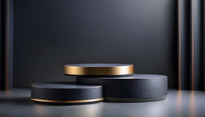 Dark Modern Minimalist Display Podium Two Circular Layered Platforms Dark Gray With Gold Accents On A Dark Background Elevated Elegant And Sophisticated Aesthetic For Product Presentation