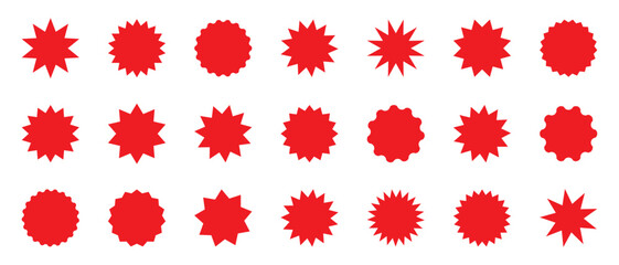 Collection of red starburst shapes, price tags and sale stickers. Wavy edge round badges and blank promo labels. Flat silhouette symbols isolated on transparent background for advertising and discount