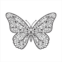 Intricate butterfly mandala line art with ornamental wings, detailed coloring-book style vector illustration design art