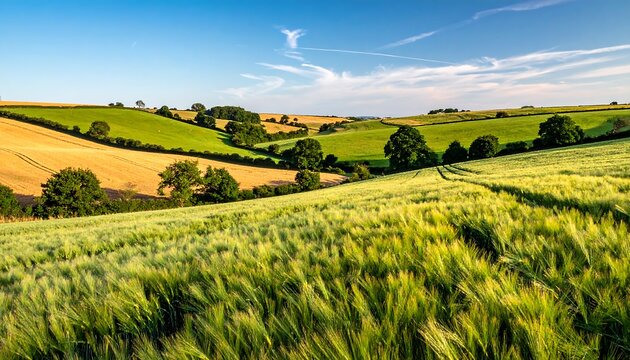 Rolling hills, vibrant green fields, and golden hues under a clear summer sky