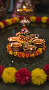 Decorative Diwali diya lamp with burning flames surrounded by marigold flowers, traditional Indian holy festival celebration footage.