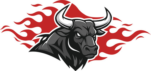 Angry black bull mascot logo with a red flame background, a powerful vector emblem for a sports team or brand