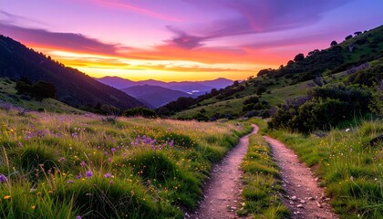 A scenic dirt path winds through a vibrant meadow, bathed in the warm hues of a breathtaking sunset over rolling hills.