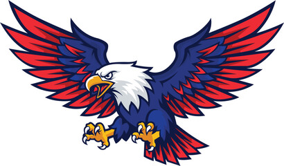 American bald eagle sports mascot in an attacking pose with red, white, and blue wings for a team emblem