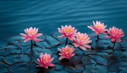 Pink Water Lilies On Dark Teal Water Lilies Pads