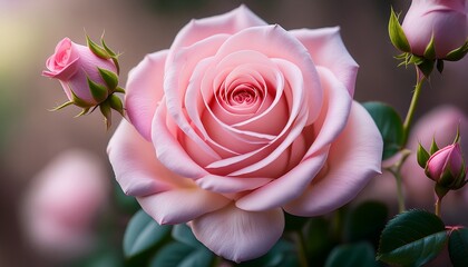 Pink Rose In Bloom A Delicate Pink Rose Showcases Its Beauty With Soft Petals Gracefully Unfurling Accompanied By Unopened Buds And Detailed Textures