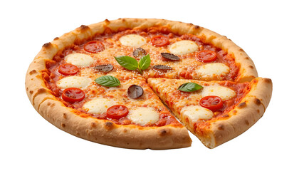 A freshly baked margherita pizza with vibrant tomato sauce, and a sprinkle of melted mozzarella cheese isolated on white and transparant background