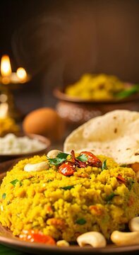 Delicious indian festival food, upma with cashews and dried spices. Indian meal served on a banana leaf on Diwali.