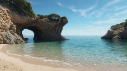Tranquil cove with clear turquoise water, sandy beach, and a natural rock arch