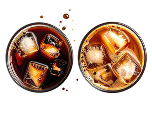 Two cold beverages with ice cubes, one dark, the other lighter, seen from above