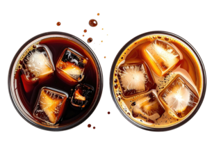 Two cold beverages with ice cubes, one dark, the other lighter, seen from above