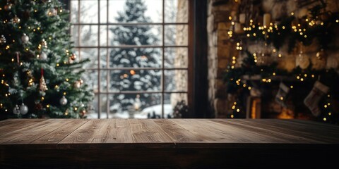 Empty wooden table christmas tree decor.