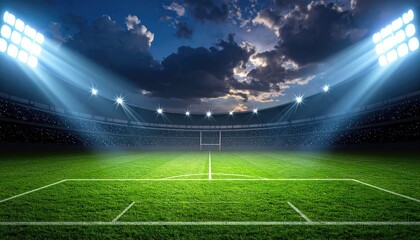 Illuminated Outdoor Stadium with Green Turf Under Evening Sky Showcasing Bright Floodlights and Distant Crowd Seats