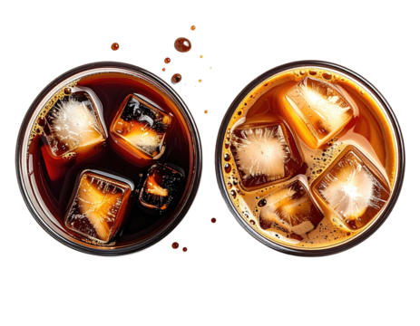 Two cold beverages with ice cubes, one dark, the other lighter, seen from above