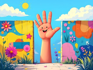 Cheerful cartoon hand with a smile representing friendship and happiness in a vibrant urban art setting