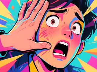Shocked Young Person's Face Captured in Dynamic, Colorful Illustration