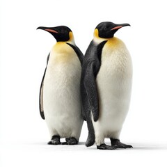 Obraz premium Two emperor penguins stand side-by-side, their distinctive black and white plumage clearly visible against a plain background