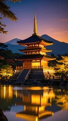 Obraz premium Illuminated Pagoda at Twilight with Mountain Backdrop and Water Reflection
