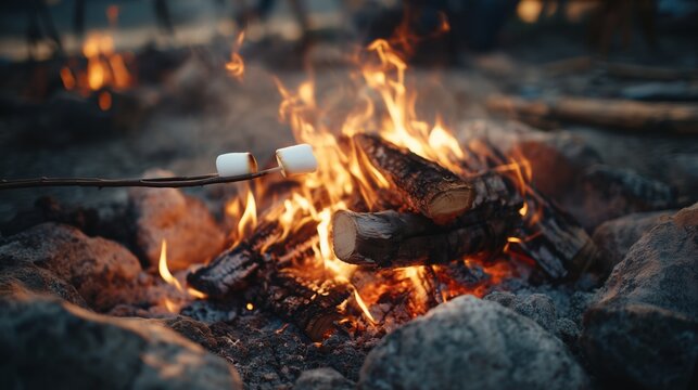 Campfire with roasting marshmallows on a stick surrounded by glowing flames and stones
