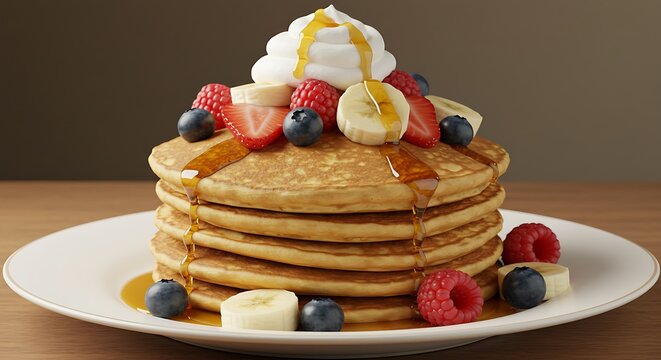 Stack of pancakes with fruit and whipped cream for breakfast