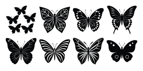 Vector art of group of eight black and white butterfly graphics, including a small cluster and detailed silhouettes