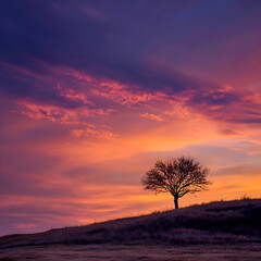 Obraz premium Dramatic sunset landscape featuring a single, bare silhouette of a tree crowning a grassy hill against a vibrant, fiery sky painted with deep purple, magenta, and orange clouds.