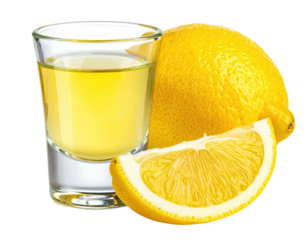 Shot glass of yellow liquid next to whole and sliced citrus fruit