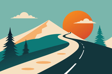 Winding Road Through Mountain Landscape with Retro Sunset and Evergreen Trees Illustration