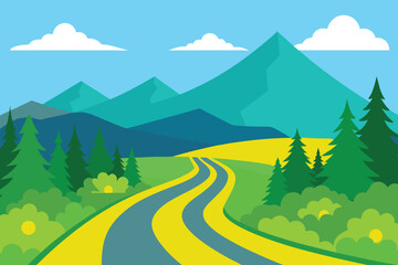 Winding Road to Mountains Under a Sunny Sky with Clouds Through a Forest Landscape