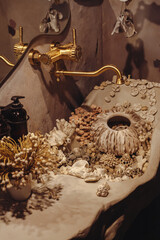Decorative sink filled with shells and natural elements in a cozy bathroom setting