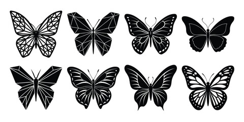 Naklejka premium Vector art of collection of eight black and white butterfly silhouettes with intricate wing patterns