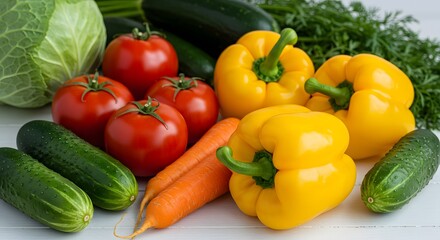 Vibrant Assortment of Fresh Garden Vegetables: Tomatoes, Bell Peppers, Cucumbers, Carrots, and Cabbage