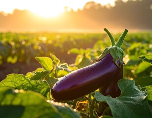 Purple eggplant in a field at sunrise