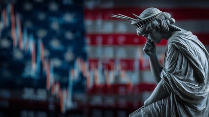 Fototapeta premium Statue of Liberty contemplating economic trends with American flag and stock market background