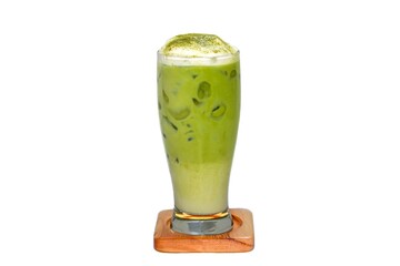 Ice matcha latte served with foam milk for topping put on white background and isolate concept.