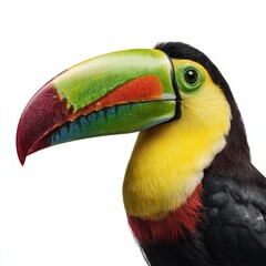 Fototapeta premium A vibrant toucan in close-up, showcasing its stunning colorful beak and expressive eye. The bird's striking features pop against a soft background