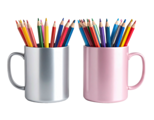 Two mugs each holding a set of colorful pencils against a black background