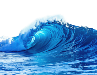 Curving turquoise ocean wave with crest, water foam, and transparent appearance