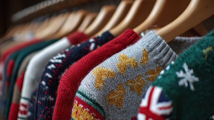 Warm christmas sweaters hanging on wooden hangers