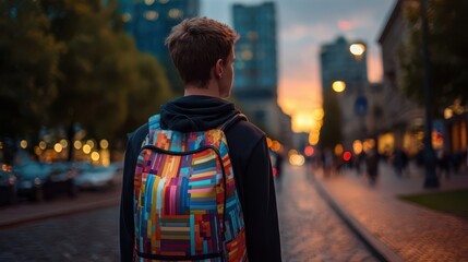 Young student walking in the city at sunset enjoying urban lifestyle
