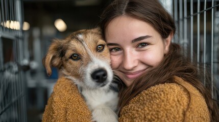 Volunteer hugging a small dog in an animal shelter