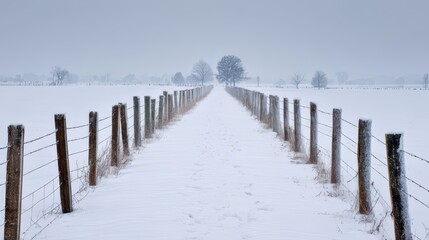 Snow covered path with wooden fence leading to bare trees in winter landscape