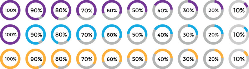 Pie charts diagrams. Circle pie chart. 2,3,4,5,6,7,8,9,10,11,12 sections or steps. Colorful diagram collection with sections or steps. Vector illustration
