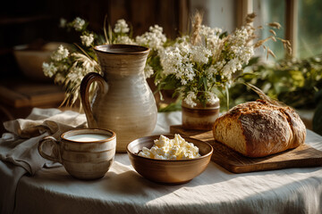 Rustic Country Breakfast with Bread Milk and Cottage Cheese on Table in Natural Light Representing Simple Morning Meal before Workday